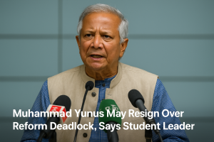 Muhammad Yunus speaking at a press conference during Bangladesh's 2025 political reform crisis