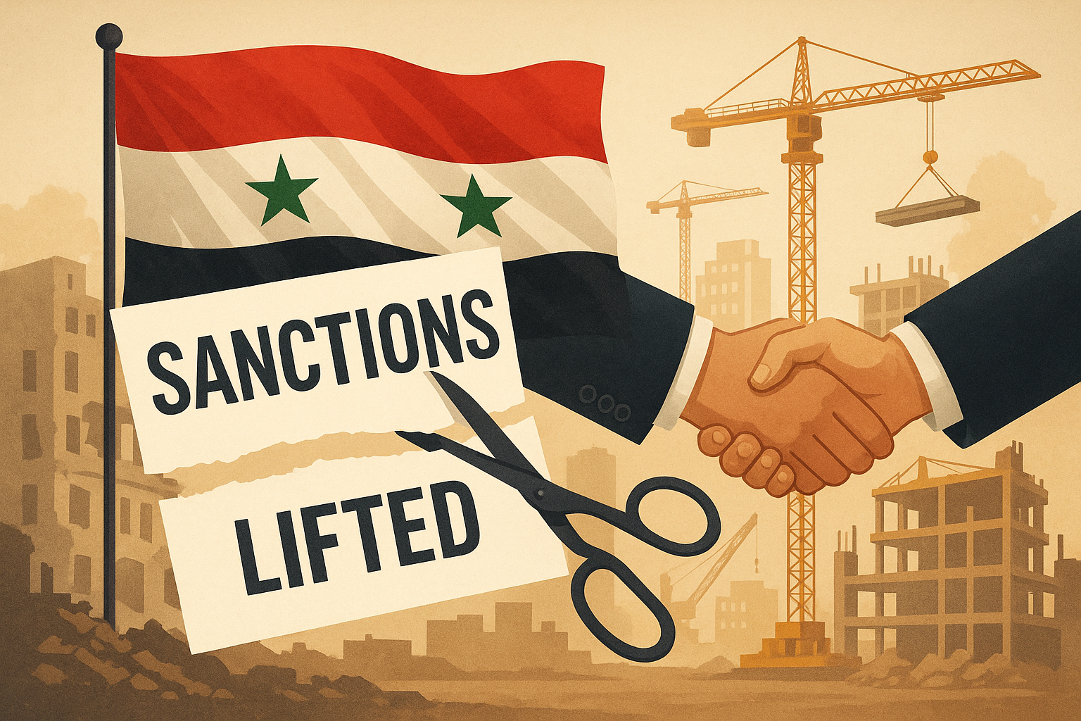 Illustration of sanctions lifted on Syria, showing torn paper labeled 'Sanctions Lifted,' a handshake, the Syrian flag, and construction cranes over a rebuilding city."