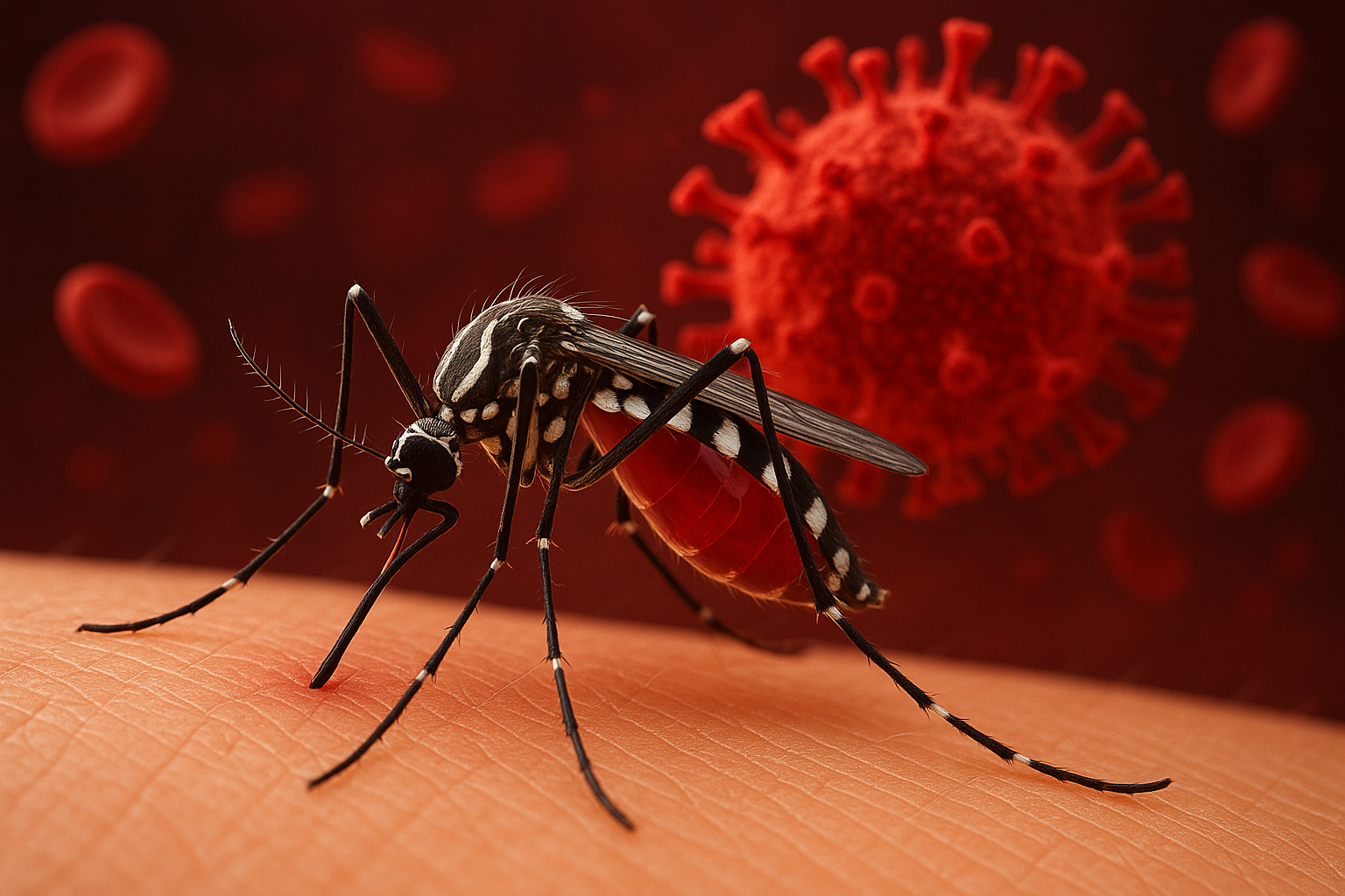A close-up illustration of an Aedes mosquito on human skin, symbolizing the spread of dengue fever in Bangladesh.