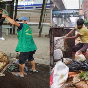 Two sanitation workers in Dhaka South City Corporation vests collecting sacrificial animal waste from city streets—one lifting debris into a roadside drain, the other shoveling refuse into a waste container under an elevated metro line.
