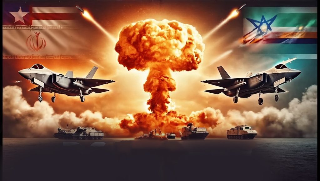 A dramatic composite image showing two stealth fighter jets—one under an Iranian flag on the left and one under an Israeli-style flag on the right—flying above tanks and armored vehicles as a massive, fiery mushroom cloud explosion dominates the horizon.