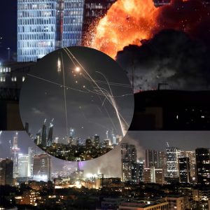 Nighttime urban skyline under attack, with bright missile trails arcing across the sky and a fiery explosion glowing behind high‑rise buildings; a circular inset highlights crisscrossing interceptors against the dark cityscape.